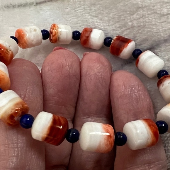 12mm Spiny Oyster & Lapis Lazuli Southwestern Stretchy Bracelet Size 5.75+ - Picture 9 of 11